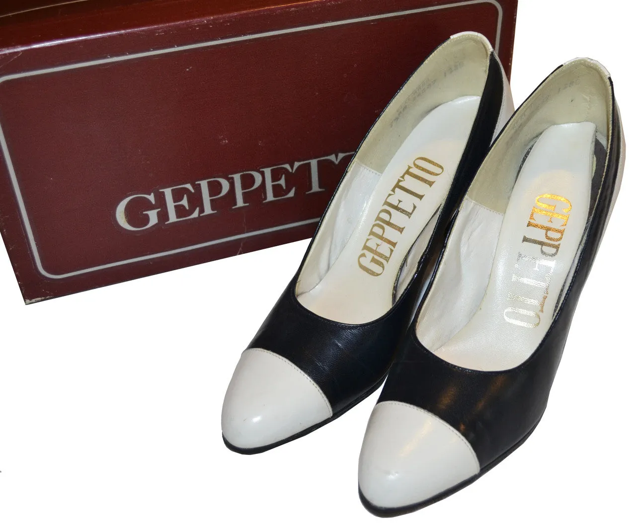 1980s Geppetto Vintage Black & White Leather Heels in Original Box 7.5 AA