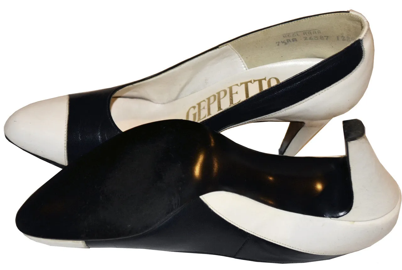 1980s Geppetto Vintage Black & White Leather Heels in Original Box 7.5 AA