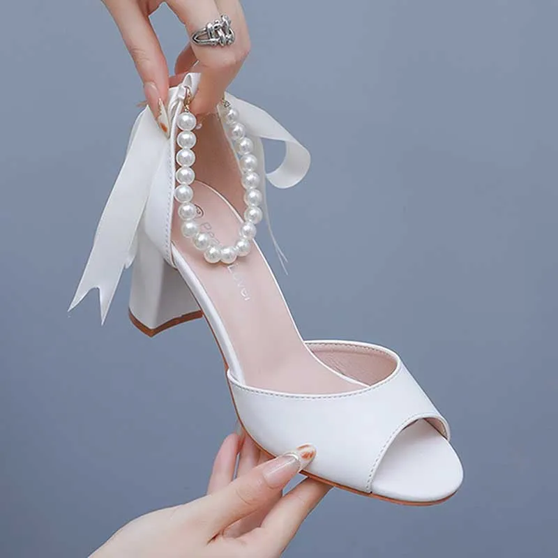 2.95" Chunky Lace Up Wedding Sandals Vintage Peep Toe Bridal Shoes