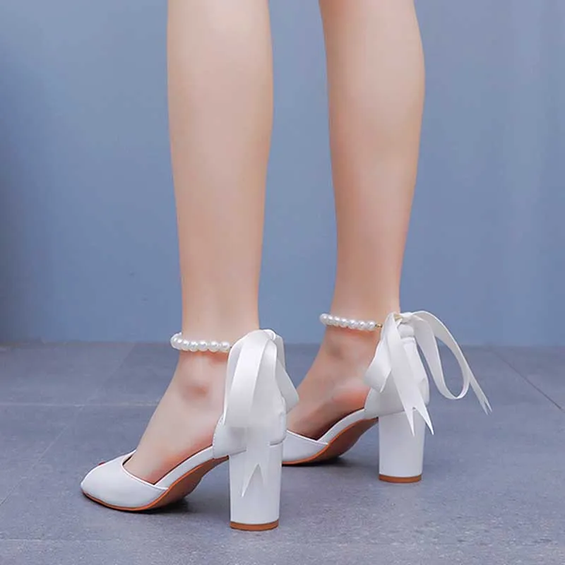 2.95" Chunky Lace Up Wedding Sandals Vintage Peep Toe Bridal Shoes