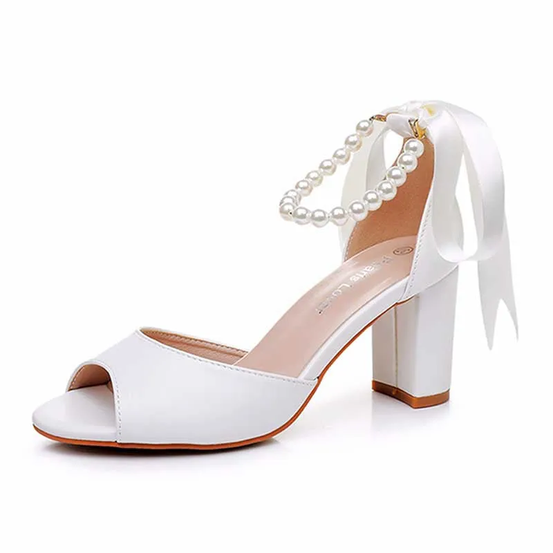 2.95" Chunky Lace Up Wedding Sandals Vintage Peep Toe Bridal Shoes