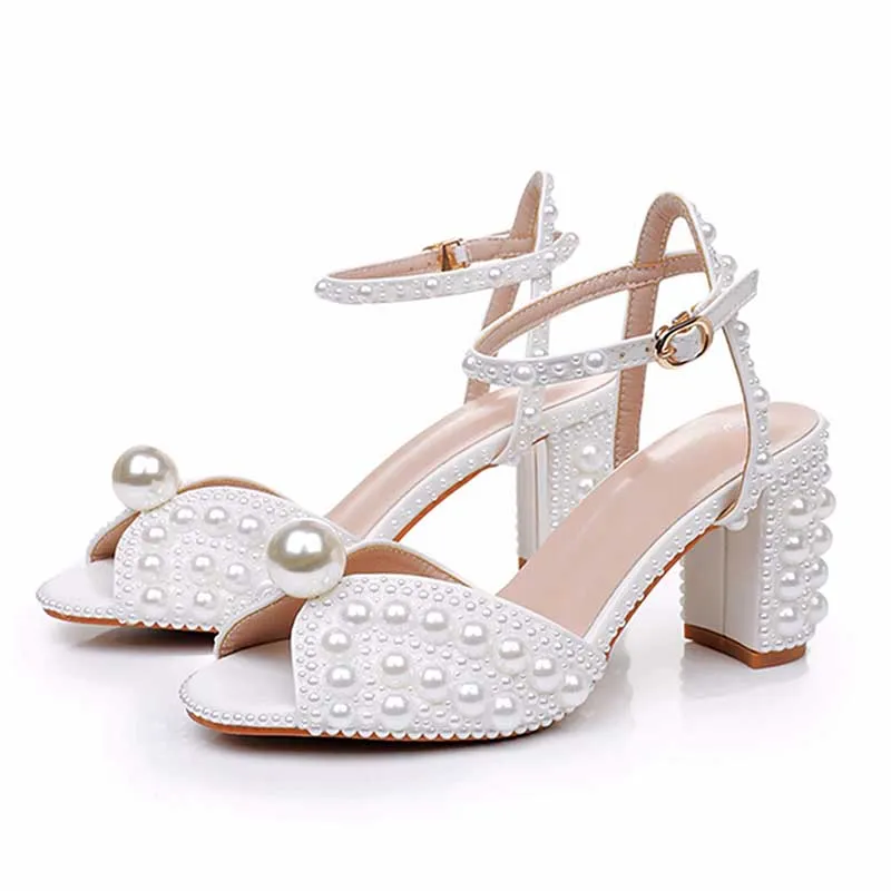 2.96" Chunky Wedding Sandals Vintage Peep Toe Block Heeled Bridal Shoes