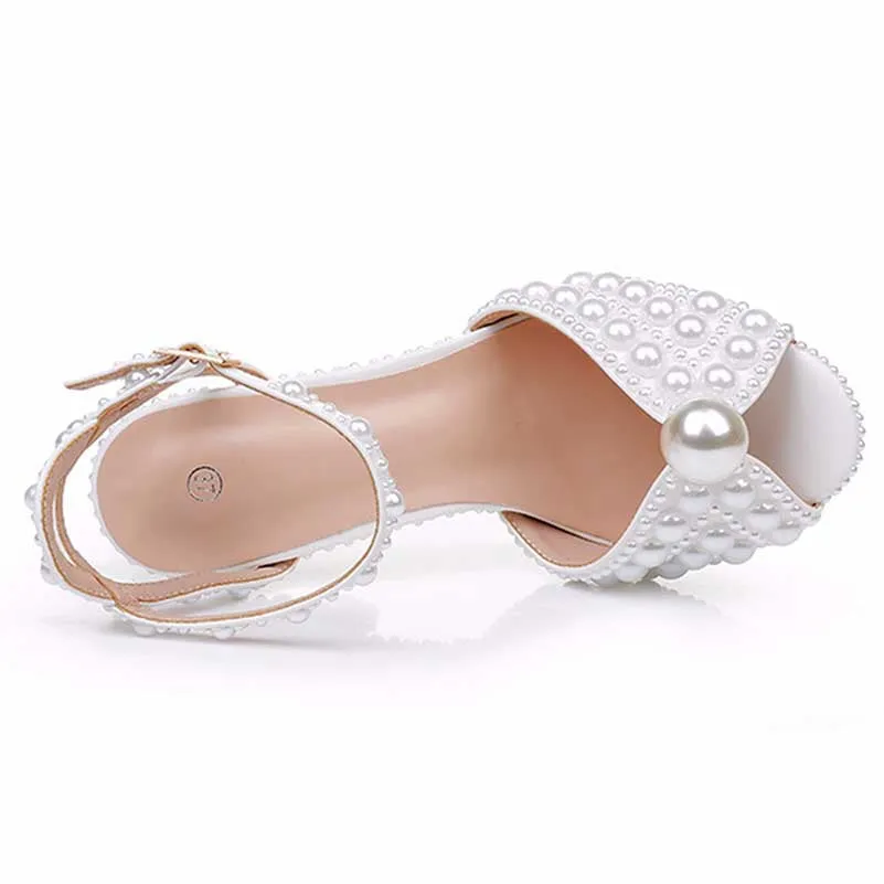 4.41" Pearl Wedding Sandals Vintage Peep Toe Stiletto Heeled Shoes