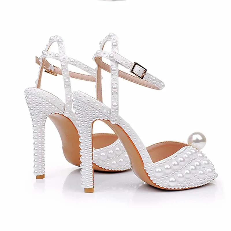 4.41" Pearl Wedding Sandals Vintage Peep Toe Stiletto Heeled Shoes