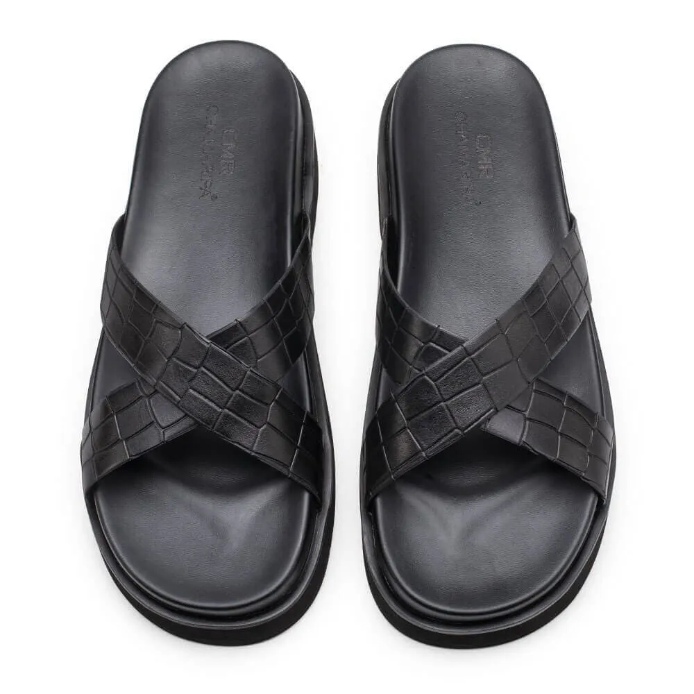 5CM/1.95 Inches - CMR CHAMARIPA Elevator Slippers - Black Leather Height Increasing Slippers For Men - Outdoor Indoor Slippers