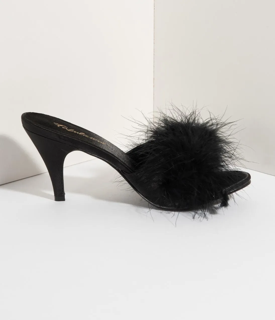 Black Satin & Marabou Feather Peep Toe Amour Heel Slipper