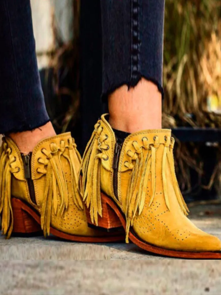 Cowgirl Boots Fringe Western Booties Female Suede Low Heel Round Toe Tassel Boots