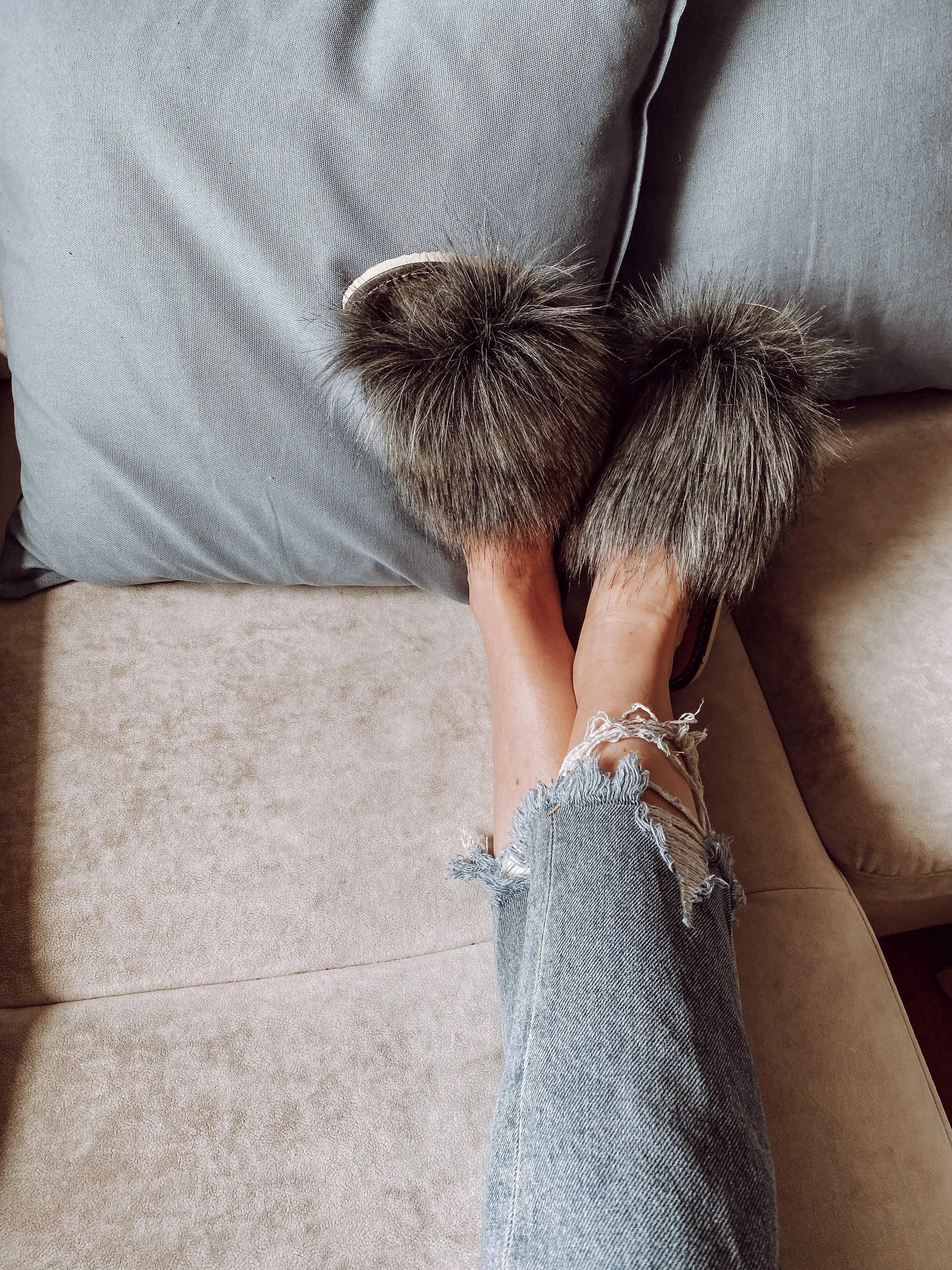 Faux Fur Grey Slippers