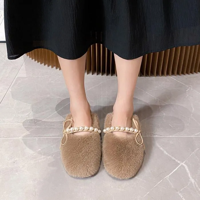 Faux-Fur Loafers Pearl Decoration Mary Jane Bowknot Women's Shoes for Winter