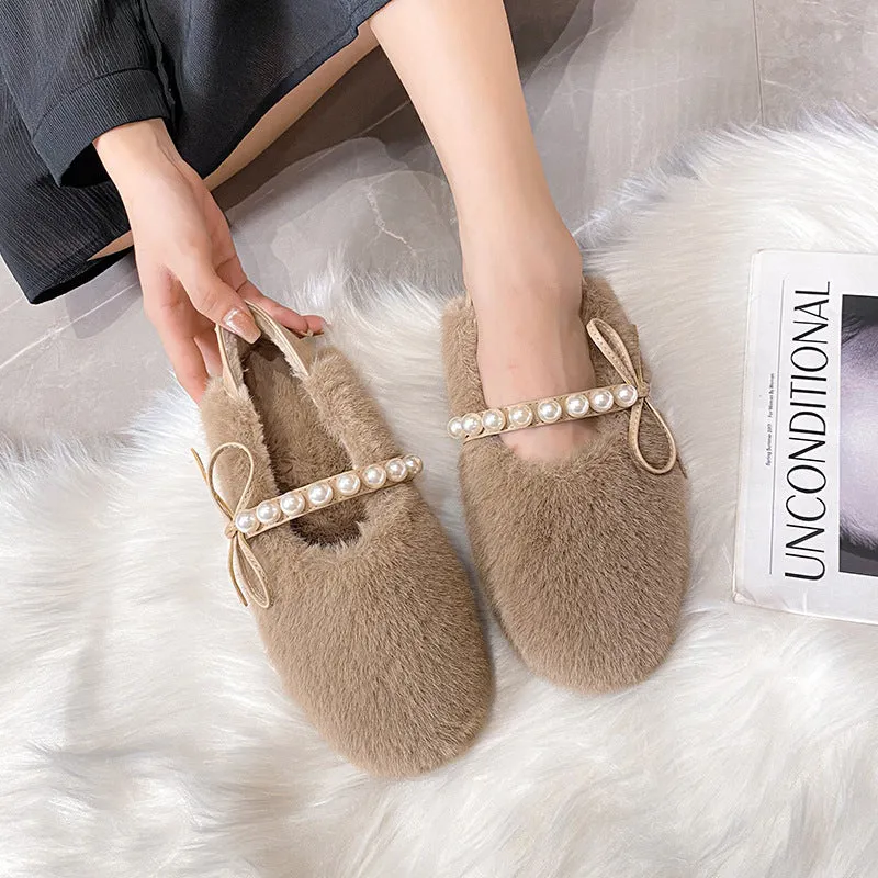 Faux-Fur Loafers Pearl Decoration Mary Jane Bowknot Women's Shoes for Winter