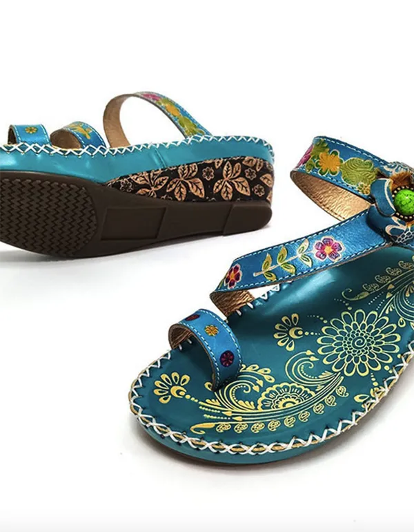 Flip-Flops Cowhide Ethnic Shoes Handmade Floral