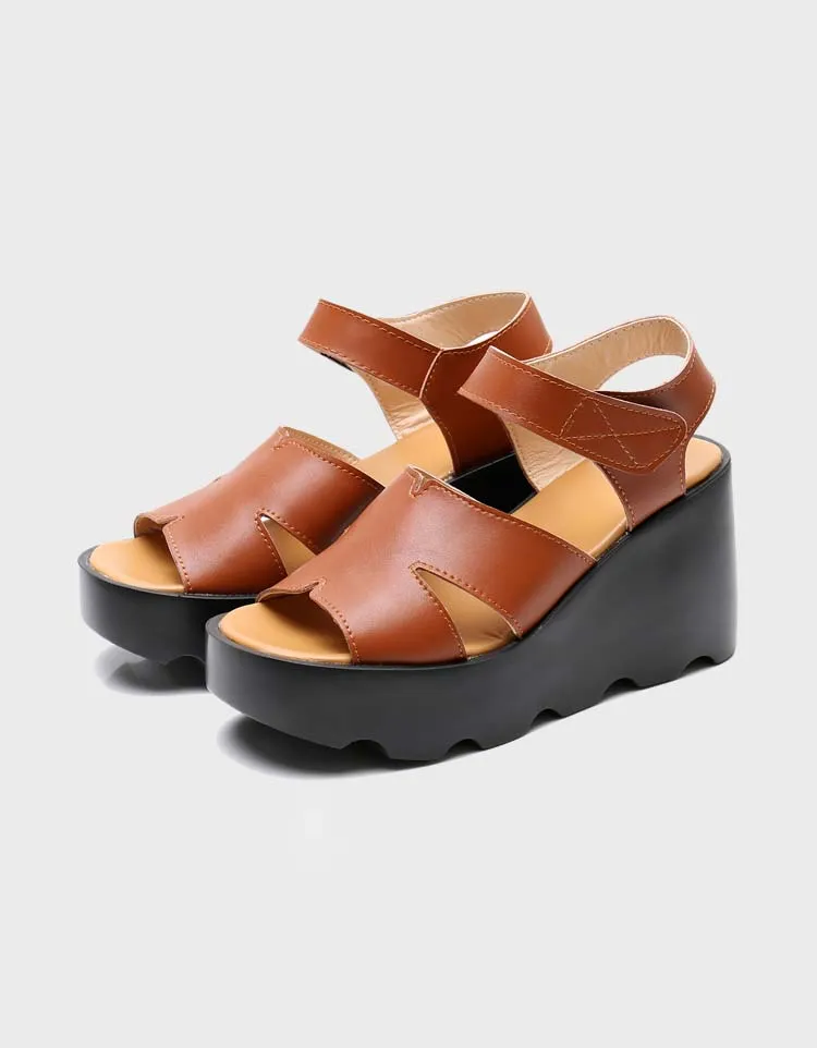 Handmade Retro Leather Summer Wedge Sandals