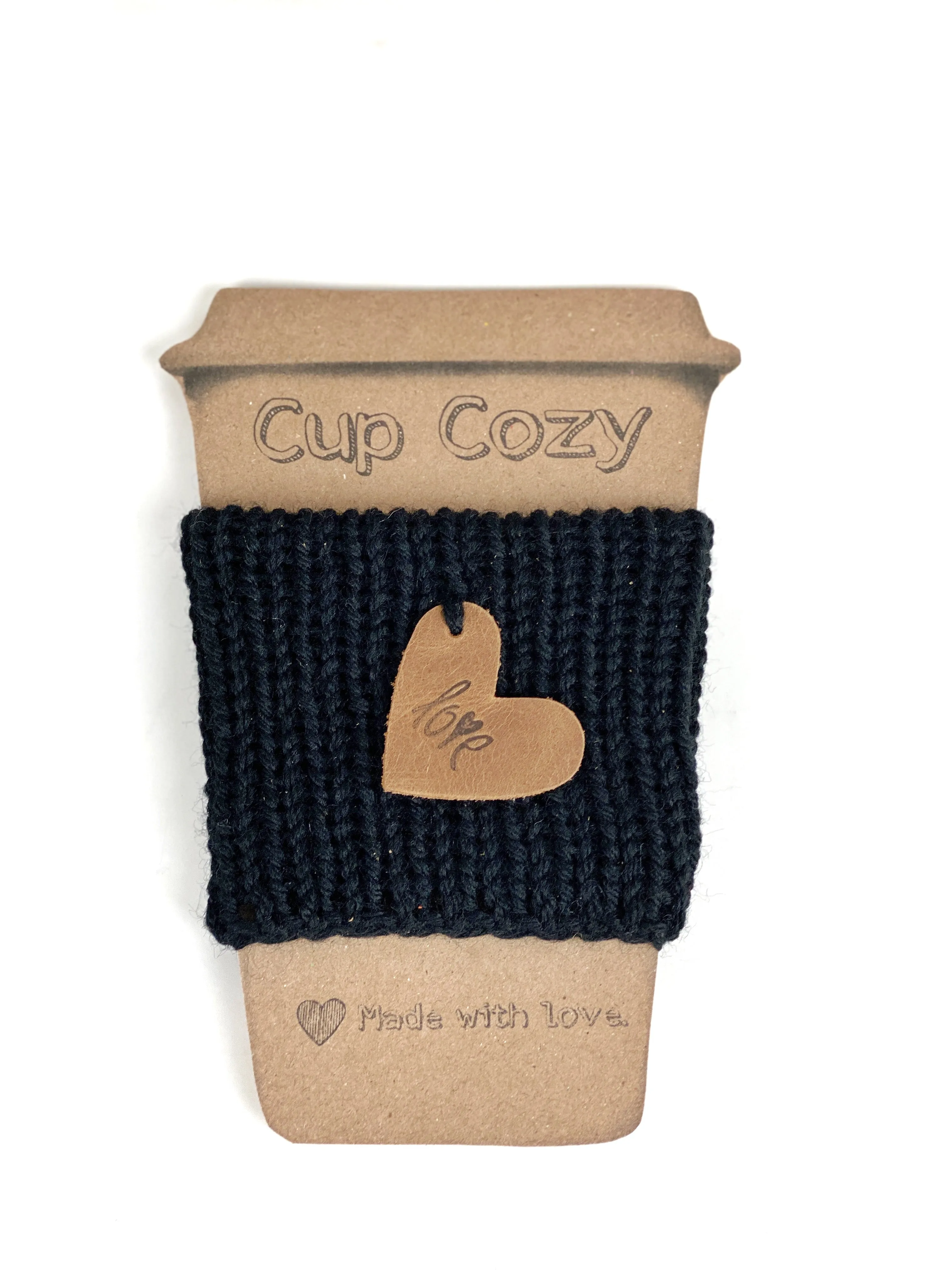 Knit Coffee Cup Cozy Sleeve Leather Love Heart Charm