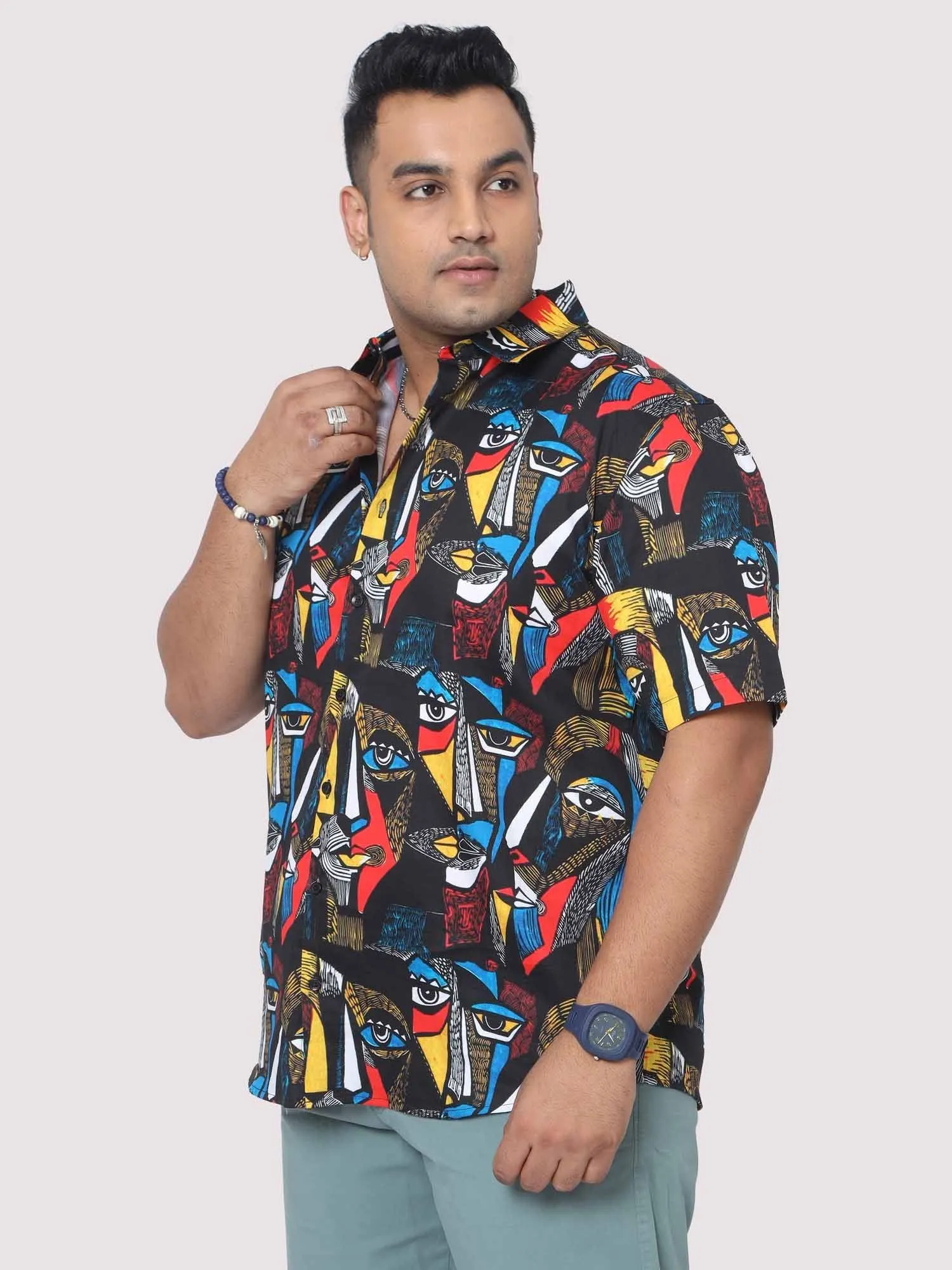 Men Plus Size Mystical Faces Digital Printed Half Shirt