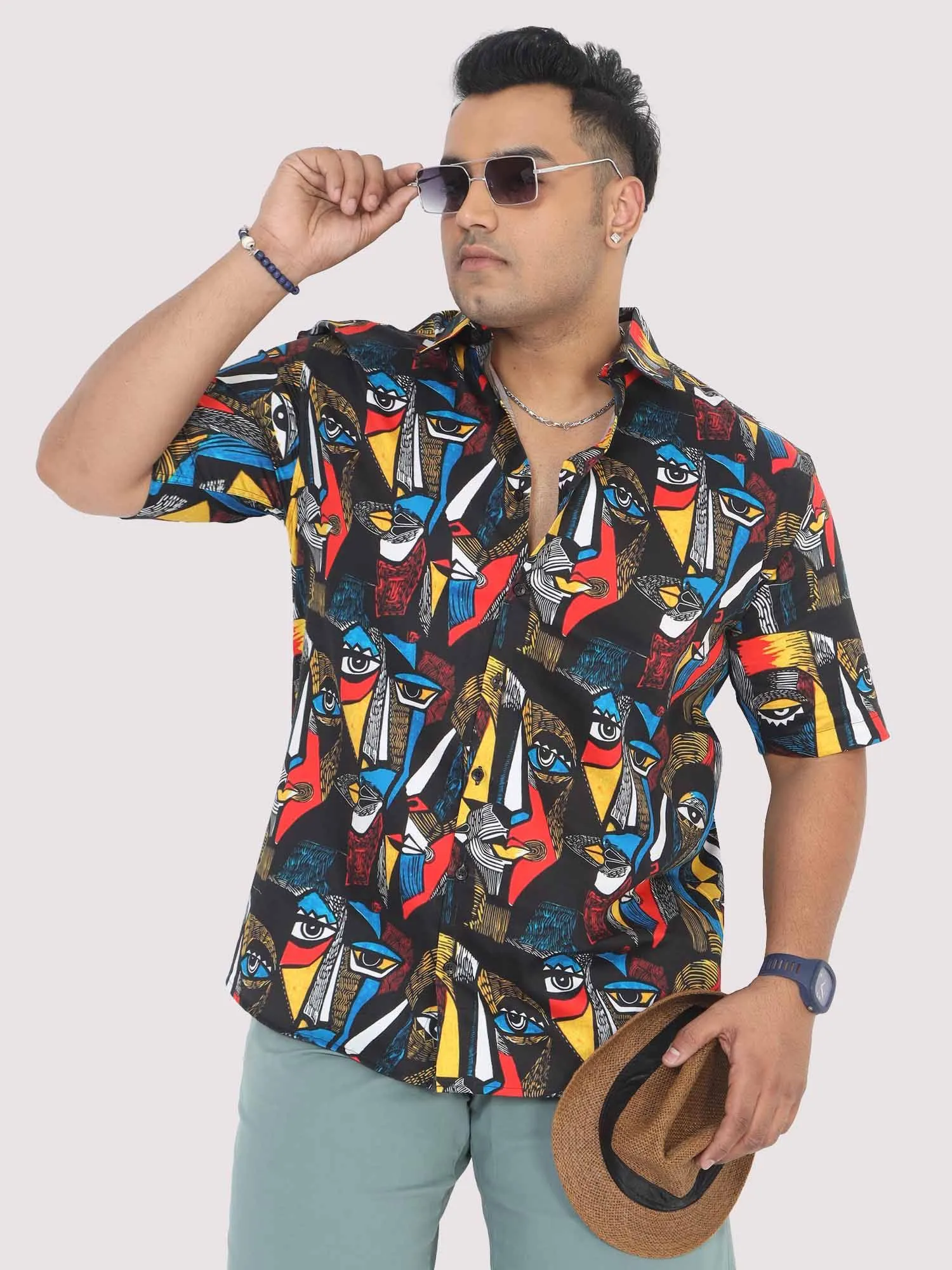 Men Plus Size Mystical Faces Digital Printed Half Shirt