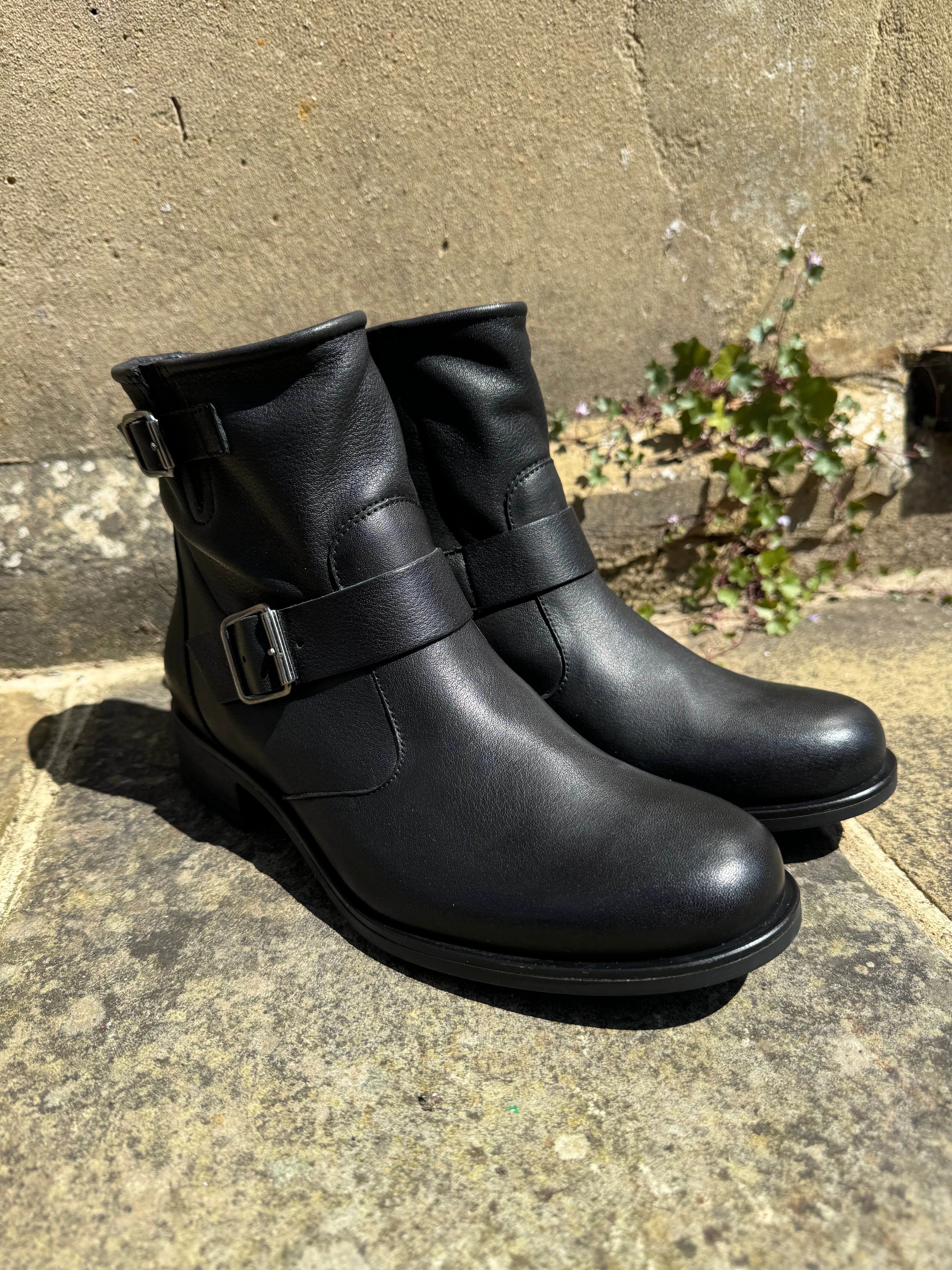 Paul Green Black Leather Buckle Ankle Boot