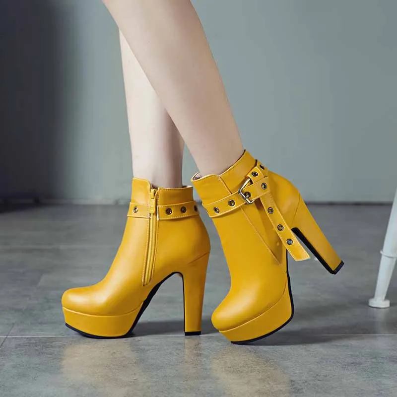 Platform Chunky Heel Ankle Boots Round Toe High Heel Booties