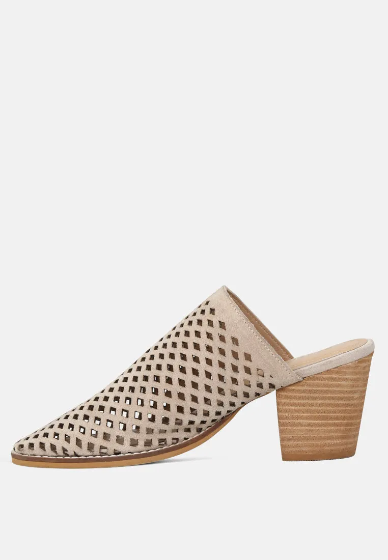 Sia Stacked Heel Laser-Cut Mules