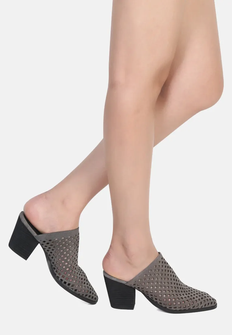 Sia Stacked Heel Laser-Cut Mules