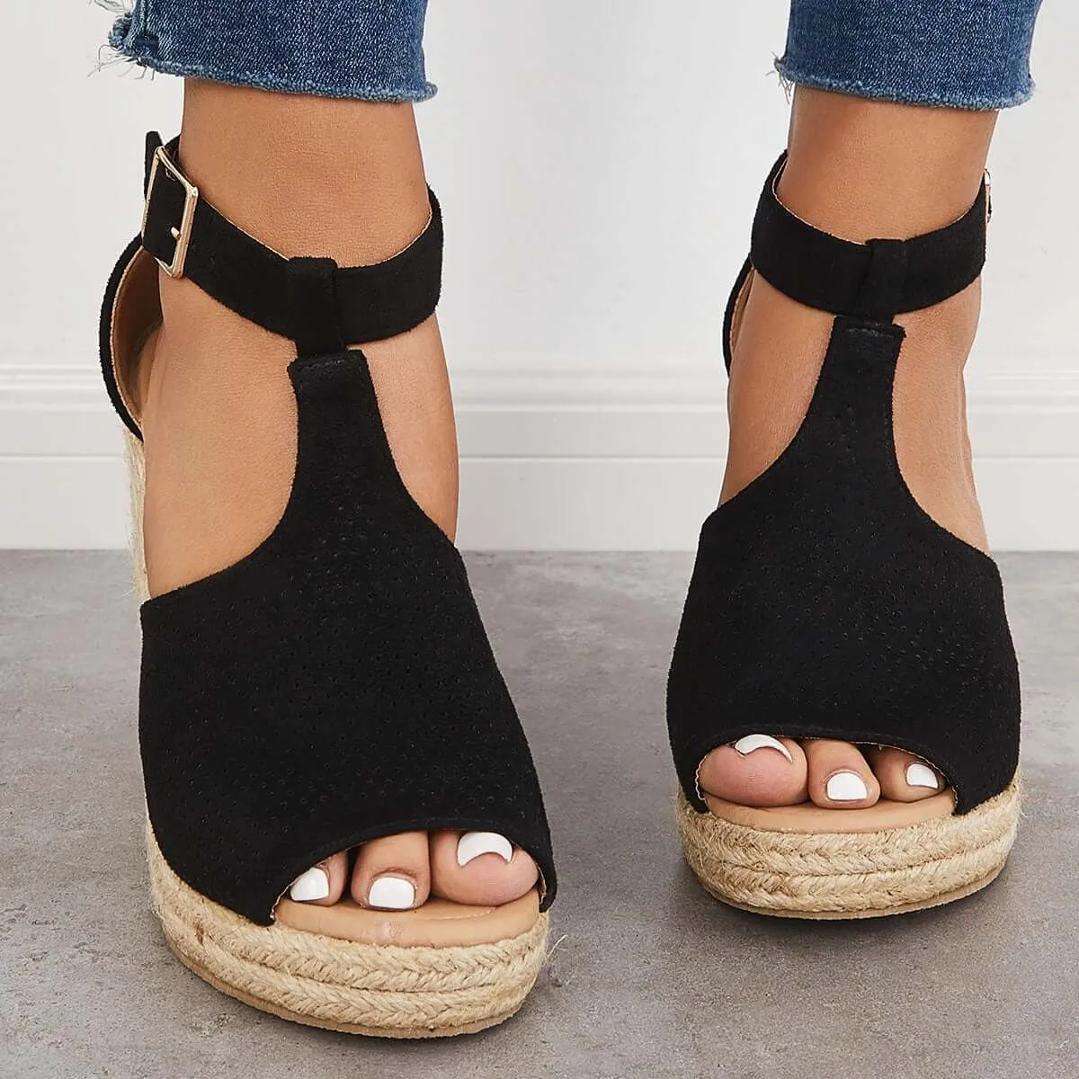 Sohiwoo Black Platform Espadrille Heel Wedges Ankle Strap Sandals