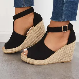 Sohiwoo Black Platform Espadrille Heel Wedges Ankle Strap Sandals