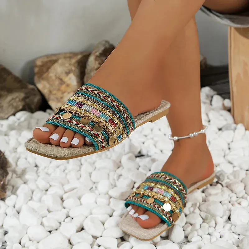 Sohiwoo Bohemian Style Flat Sandals Women Slides Summer Square Toe Outdoor Slippers Woman Plus Size 43 Roman Shoes Flip Flops Mujer