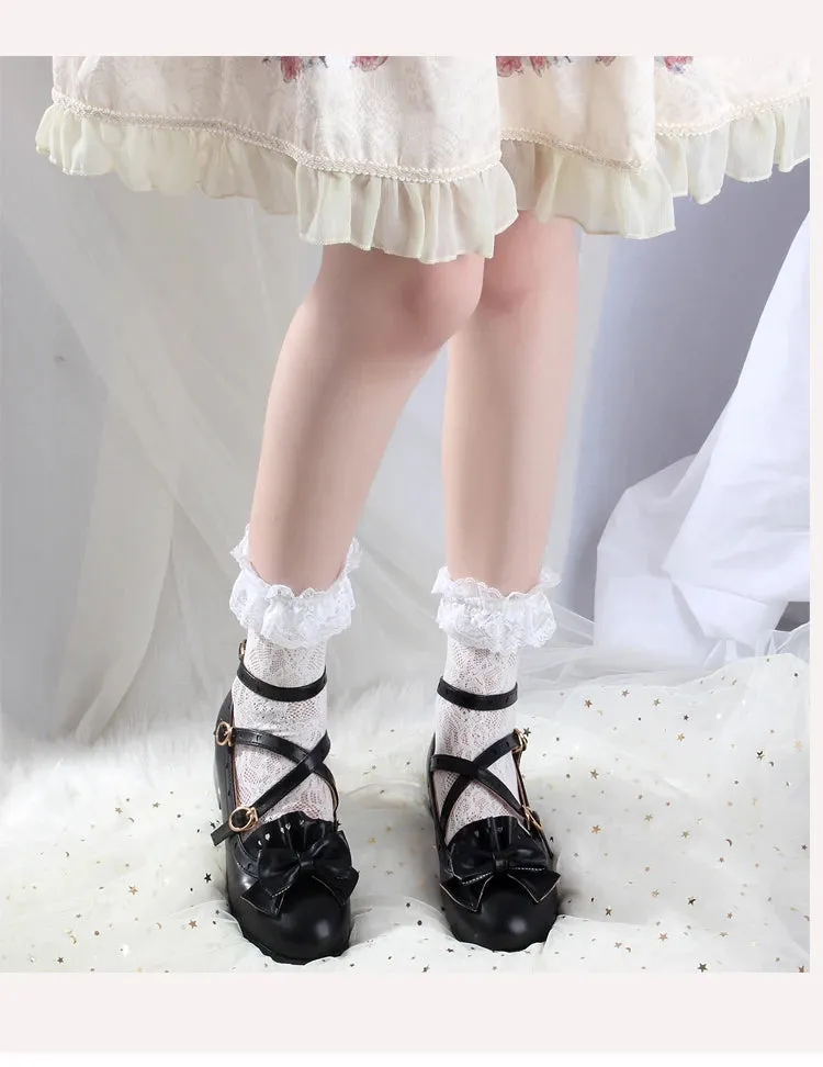 Sohiwoo lolita shoes vintage round head women shoes cute bowknot cross kawaii shoes loli cosplay Japanese jk uniform college style swee