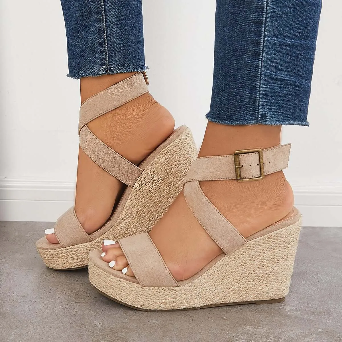 Sohiwoo Women Criss Cross Ankle Strap Espadrille Wedge Platform Sandals