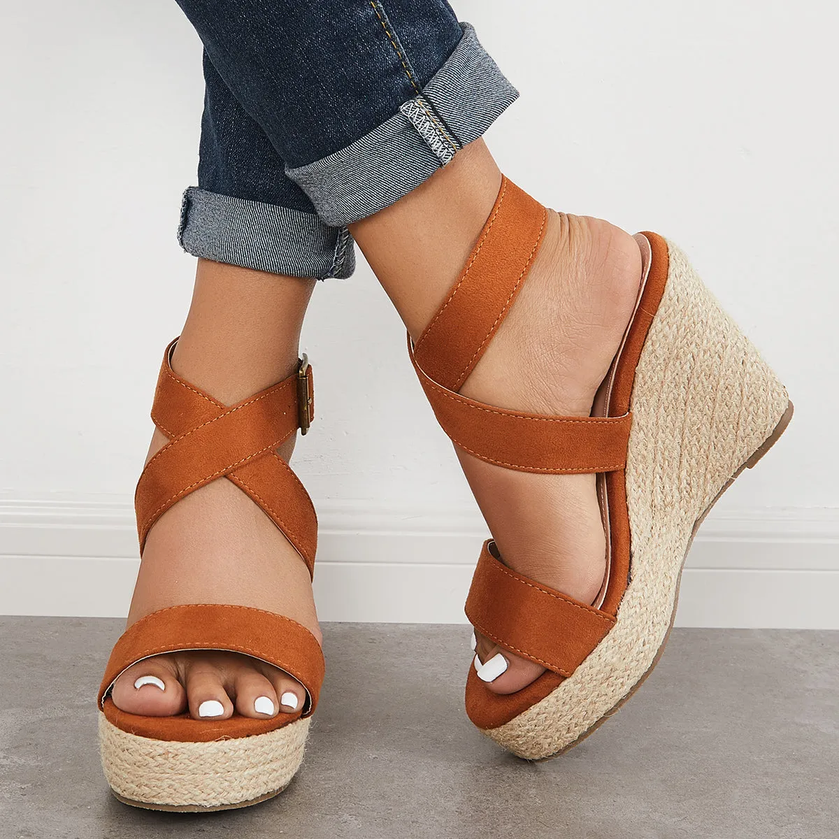 Sohiwoo Women Criss Cross Ankle Strap Espadrille Wedge Platform Sandals