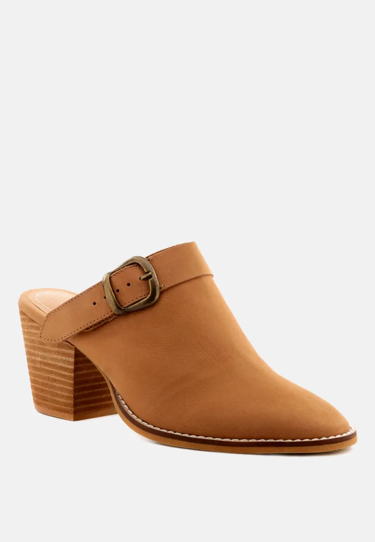 Tarrah Stacked Heel Mules With Adjustable Buckle