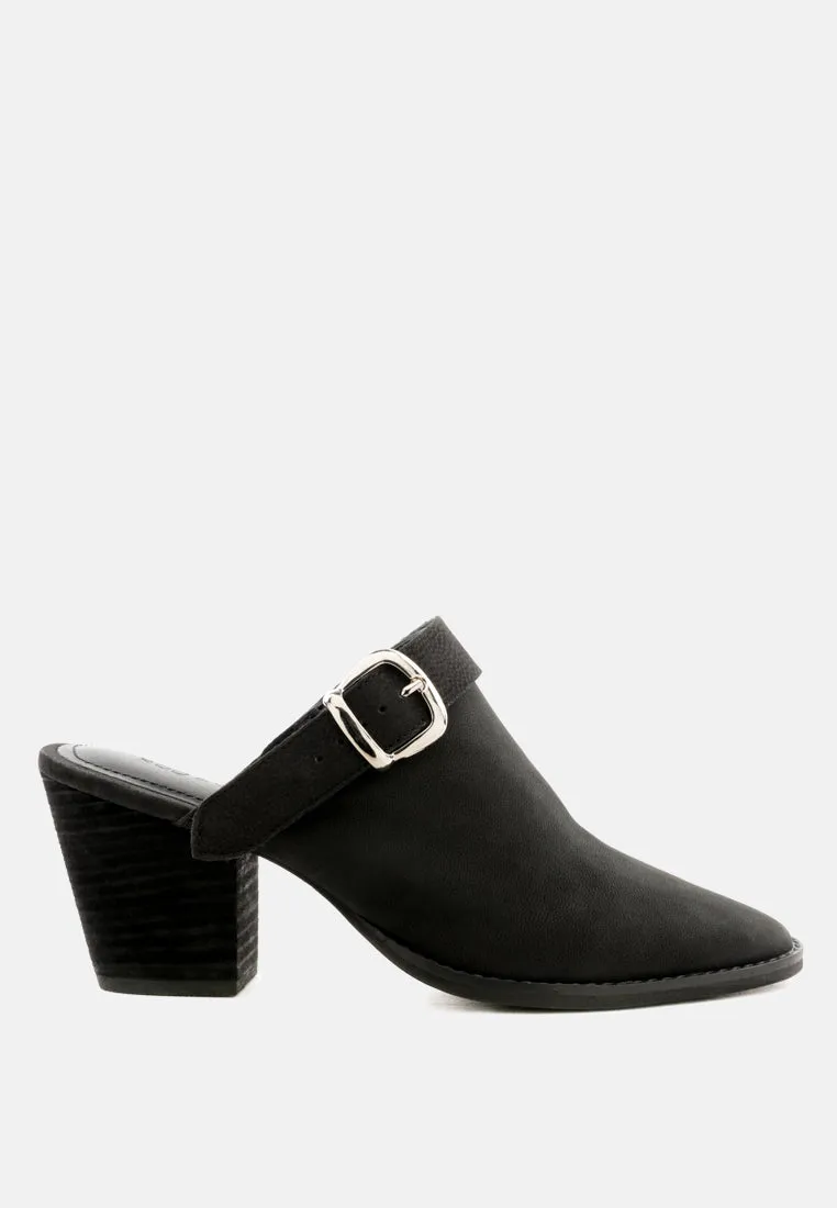 Tarrah Stacked Heel Mules With Adjustable Buckle