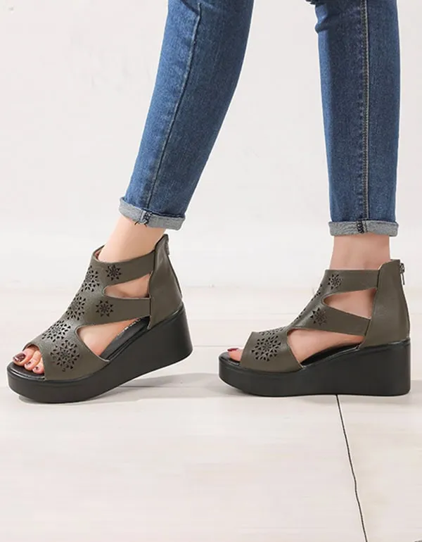 Women Handmade Retro Cut-out Wedge Ankle Sandals