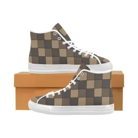 Women's Brown Monochromatic Checks Print High Top Canvas Shoes