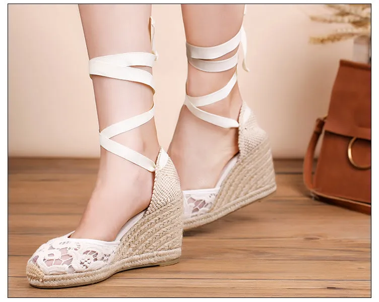 Womens Open Toe Tie Lace Up Lace Wedges