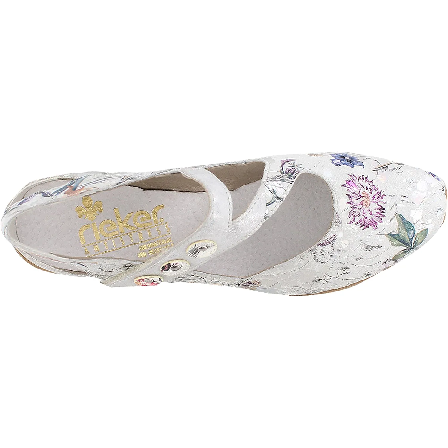 Women's Rieker 43771-90 Mirjam 71 Off White Metallic Floral Leather